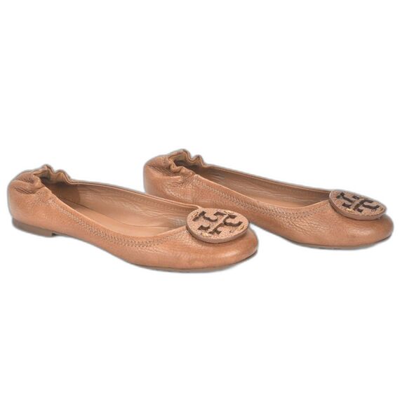 Tory Burch Reva Flats Pebbled Leather Carmel Insignia Emblem Size 6 - Picture 4 of 5